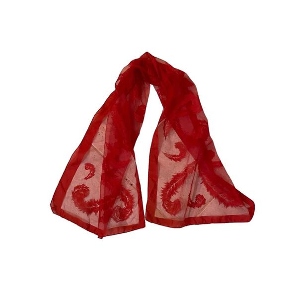 Vintage Chiffon Red Sheer Scarf Paisley Feathered Scroll Wrap Gothic Vampire - Picture 4 of 5